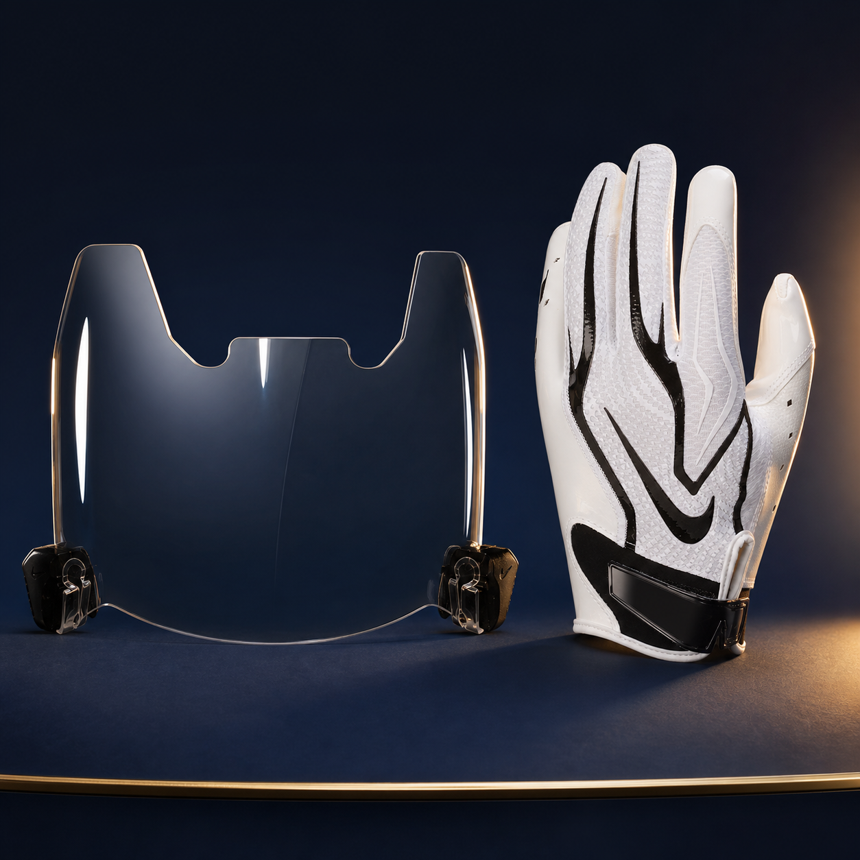 Brand-new clear football visor and white-and-black football glove displayed together