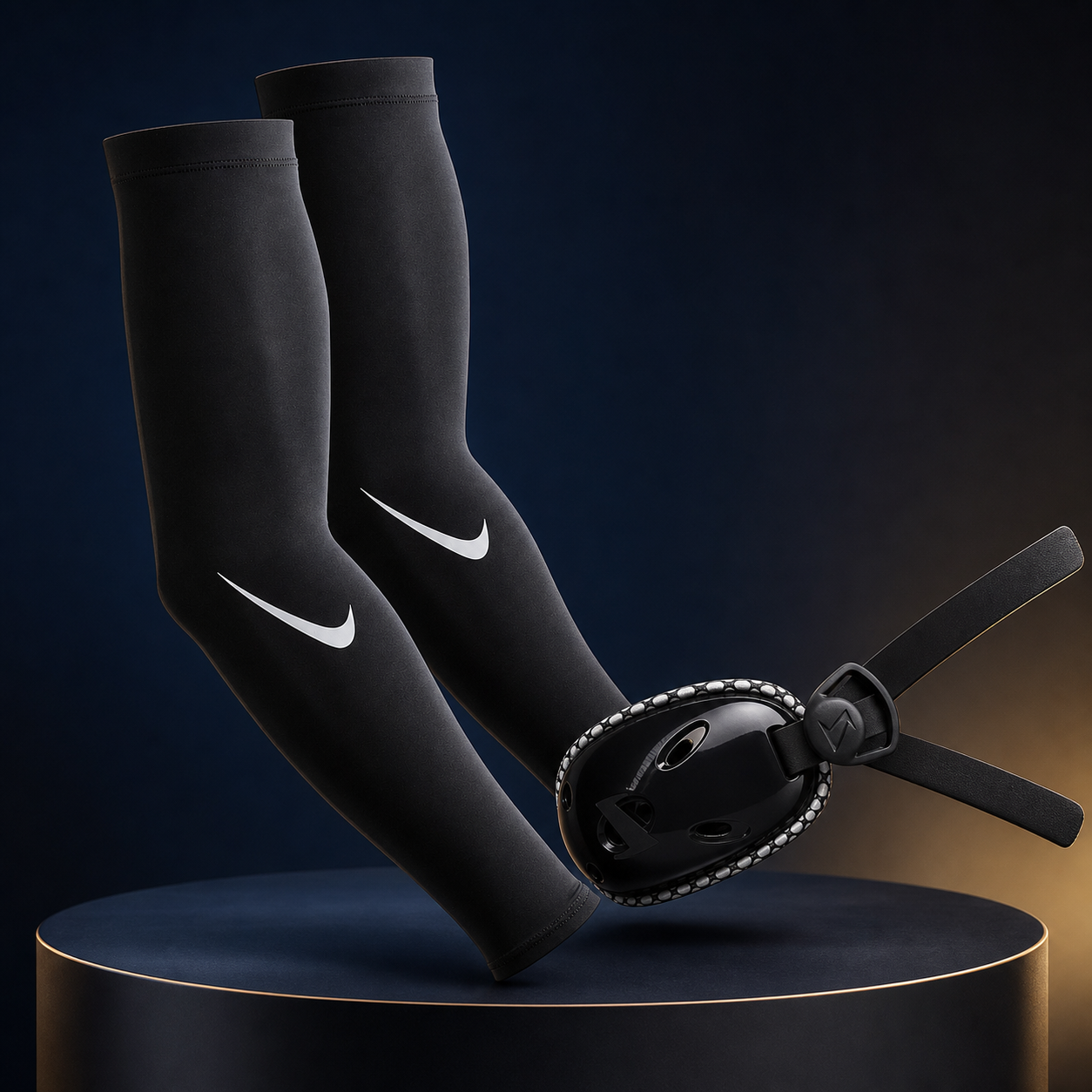 Brand-new black football arm sleeves and chinstrap displayed together